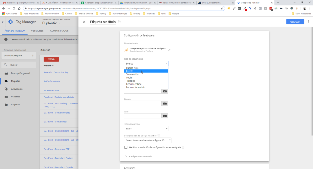 Selector del tipo de seguimiento de una etiqueta en Google Tag Manager.