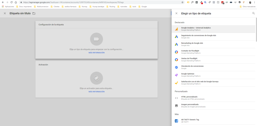 Selección de una etiqueta de Universal Analytics en Google Tag Manager.