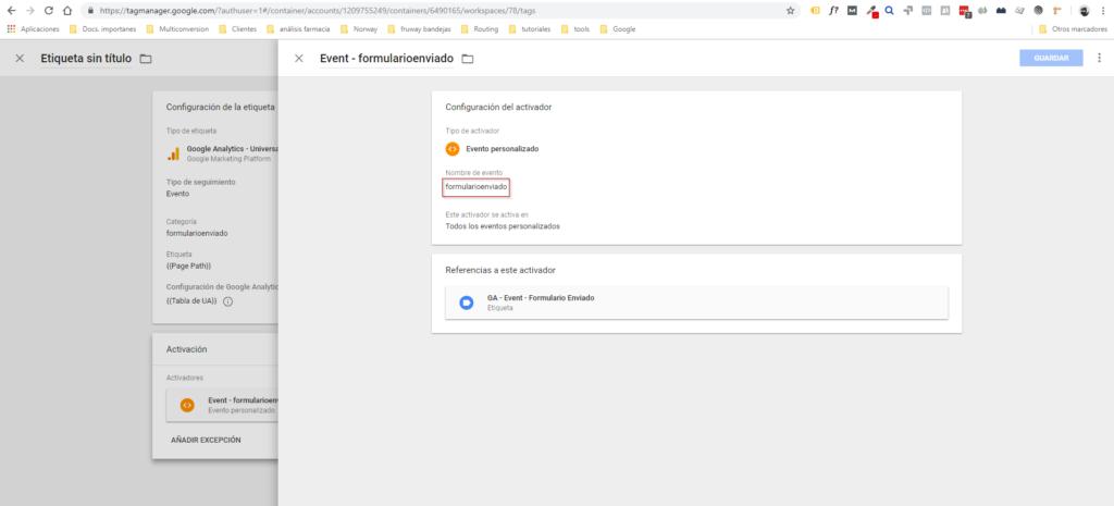 Activador de evento personalizado formularioenviado en Google Tag Manager.