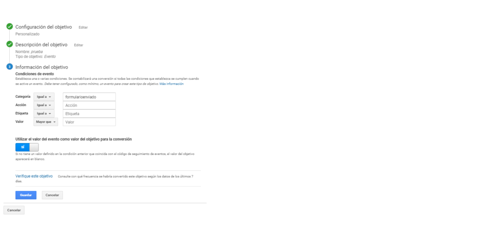 Configuración de un objetivo de Google Analytics a partir de la categoría y acción del evento.