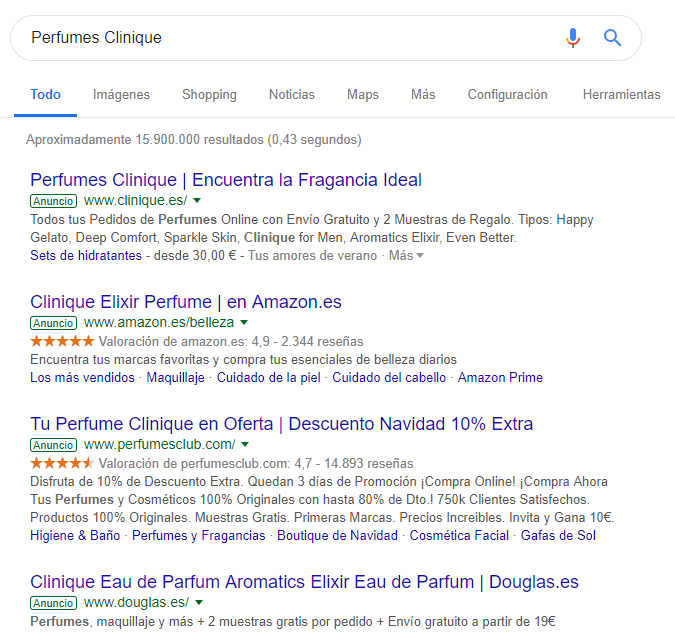 Google search for Clinique perfumes with ads from the brand and retailers.