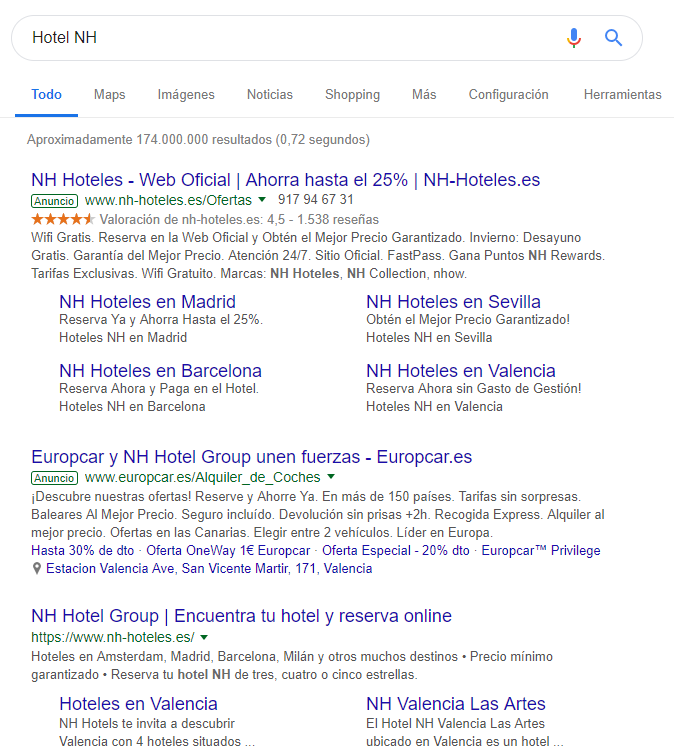 Google search for Hotel NH with a branded ad and organic results.