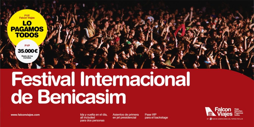 Anuncio satírico de Falcon Viajes con el lema «Lo pagamos todos».