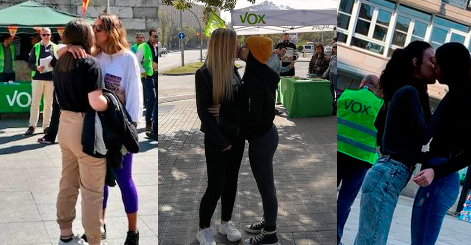 Collage de personas besándose frente a un puesto de campaña electoral.
