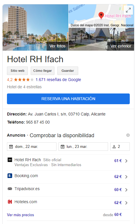 Ficha del Hotel RH Ifach en Google con valoraciones, mapa y opciones de reserva.