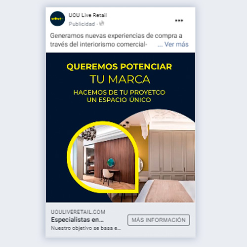 Anuncio de UOU en Facebook sobre diseño de espacios e identidad de marca.