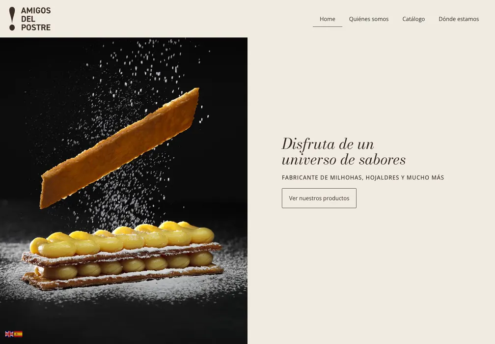 Web de Amigos del Postre con una milhoja y acceso a su catálogo de productos